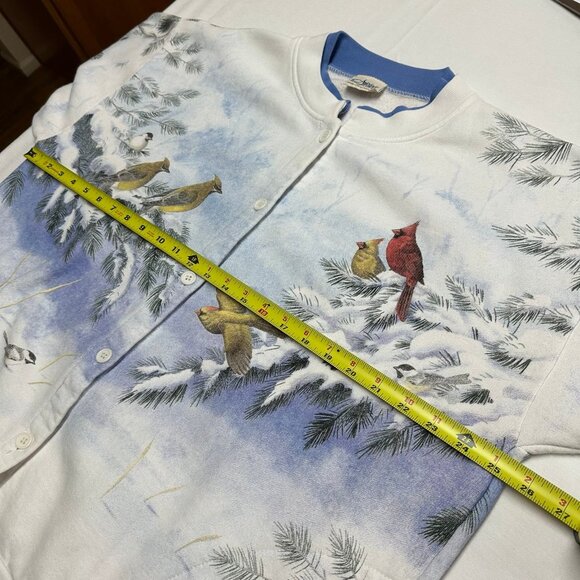 Vintage Artisans All Over Bird Print Cardigan Sweater XL/2XL Nature USA Winter - Picture 9 of 11